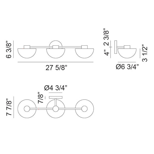 Matteo Lighting Gardena 28" 3-Light Wall Sconce – line drawing with dimensions