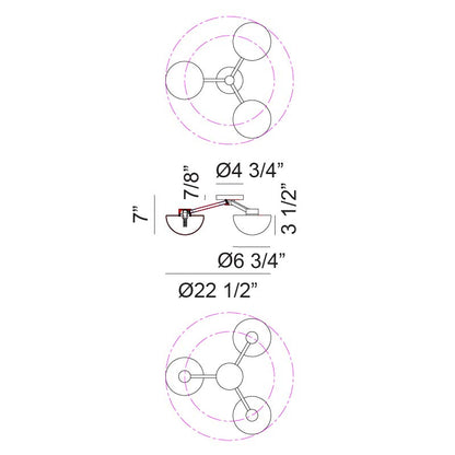 Matteo Lighting Gardena 23" 3-Light Flush Mount – line drawing with dimensions