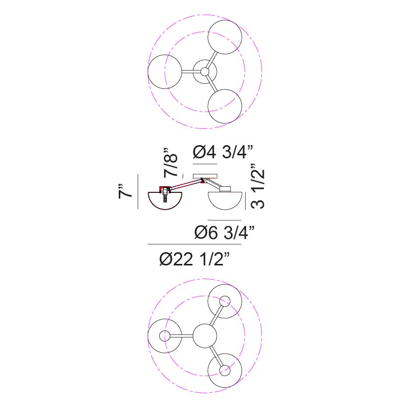 Matteo Lighting Gardena 23" 3-Light Flush Mount – line drawing with dimensions