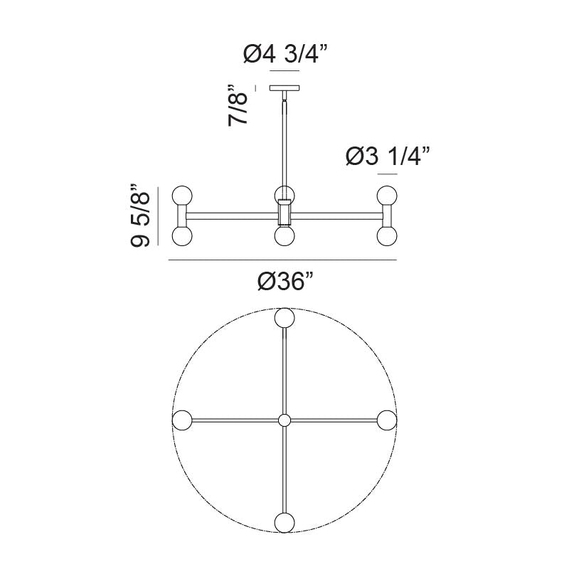 Matteo Lighting Interstellar 36" 8-Light Chandelier – line drawing with dimensions