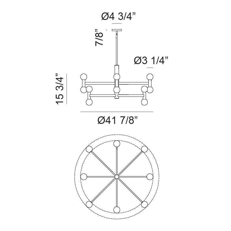 Matteo Lighting Interstellar 42" 16-Light Chandelier – line drawing with dimensions