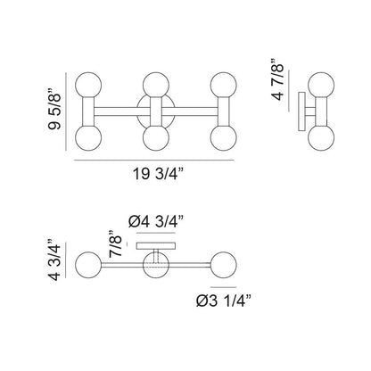 Matteo Lighting Interstellar 20" 6-Light Wall Sconce – line drawing with dimensions