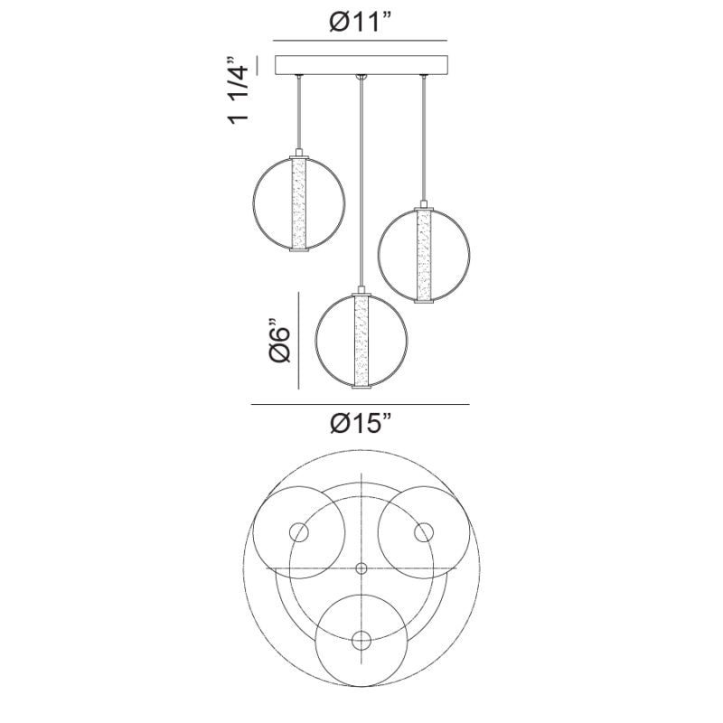 Matteo Lighting Belange 15" 3-Light LED Pendant – line drawing with dimensions