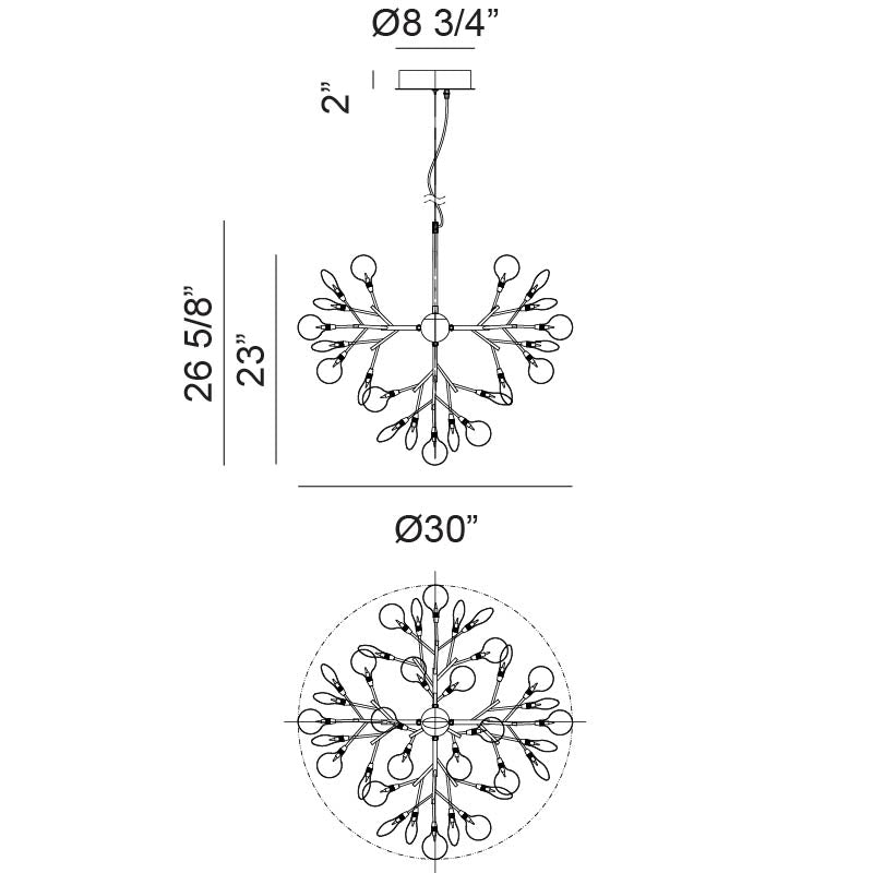 Matteo Lighting Hydrangea Bloom 30" 35-Light Chandelier – line drawing with dimensions