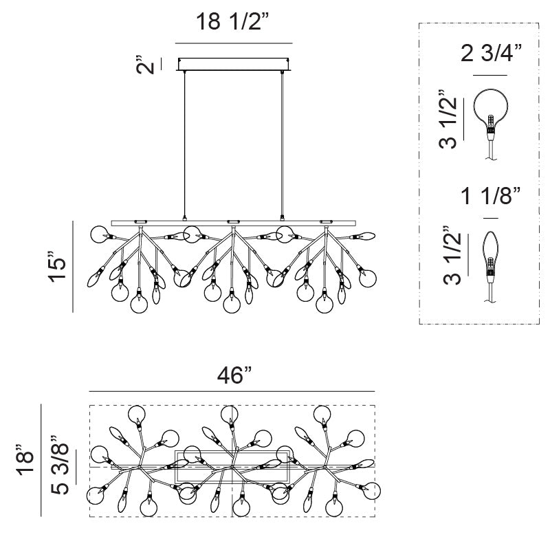 Matteo Lighting Hydrangea Bloom 46" 27-Light Linear Chandelier – line drawing with dimensions