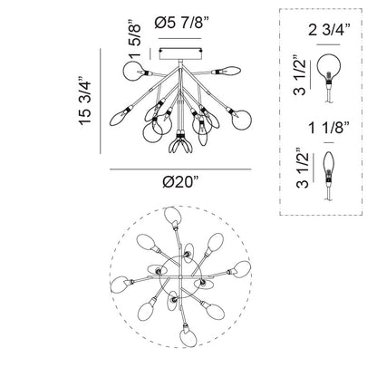 Matteo Lighting Hydrangea Bloom 20" 12-Light Flush Mount – line drawing with dimensions