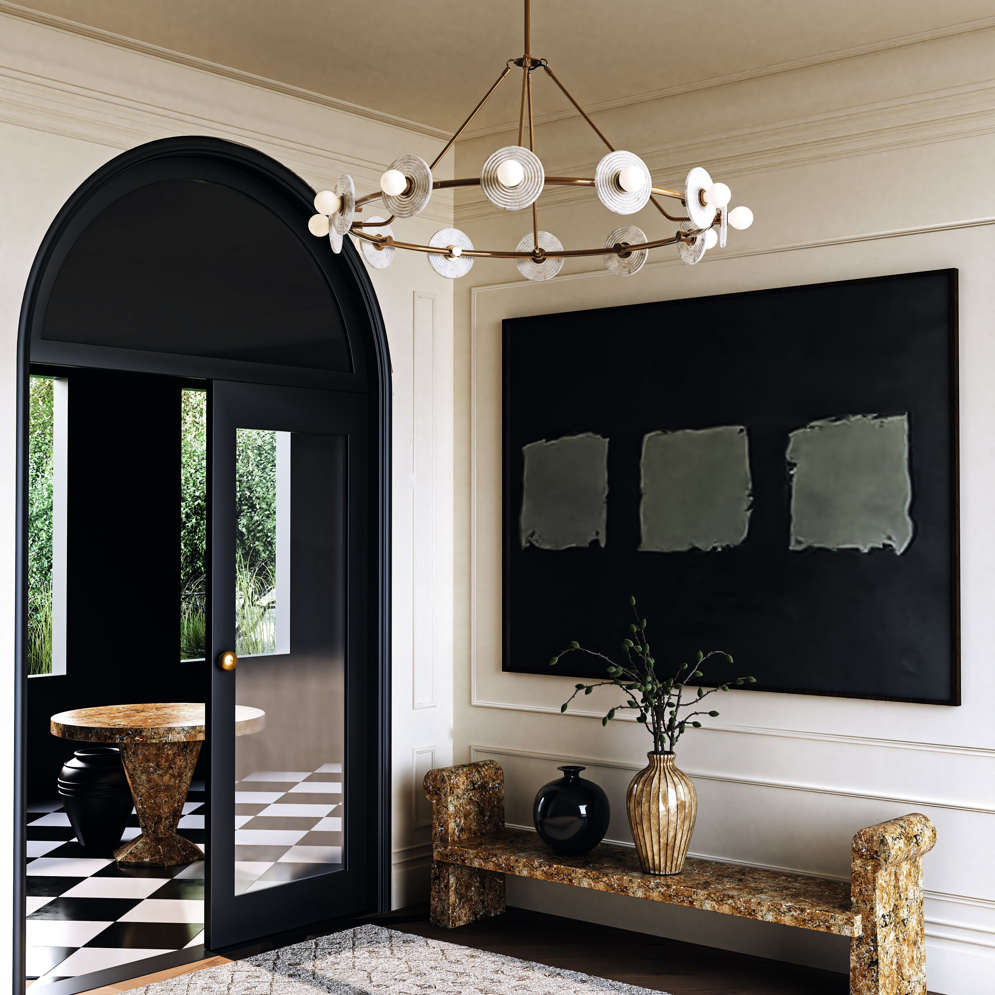 Modern interior with a chandelier, black door, and abstract painting.