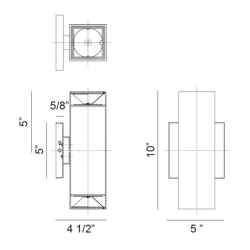 Matteo Lighting Kubular 10" 2-Light LED Outdoor Wall Sconce – line drawing with dimensions