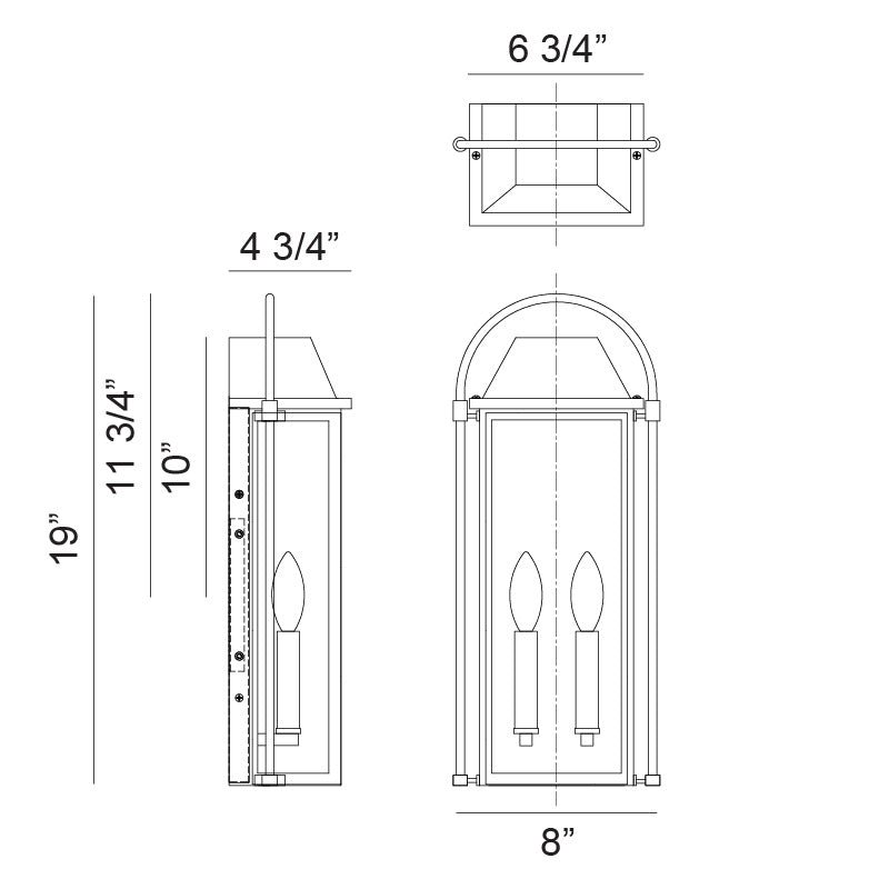 Matteo Lighting Dew 19" 2-Light Outdoor Wall Lantern – line drawing with dimensions