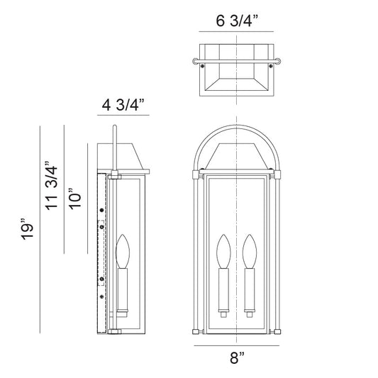 Matteo Lighting Dew 19" 2-Light Outdoor Wall Lantern – line drawing with dimensions