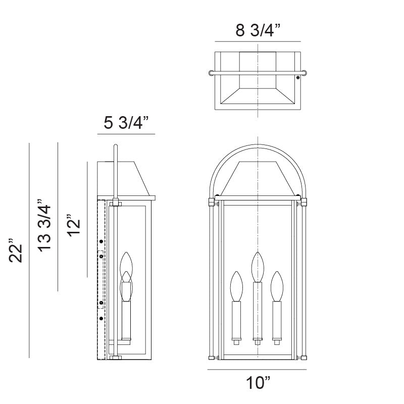 Matteo Lighting Dew 22" 3-Light Outdoor Wall Lantern – line drawing with dimensions