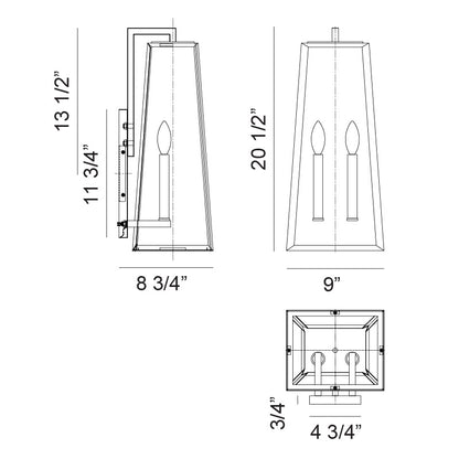 Matteo Lighting Aviv 21" 2-Light Outdoor Wall Lantern – line drawing with dimensions
