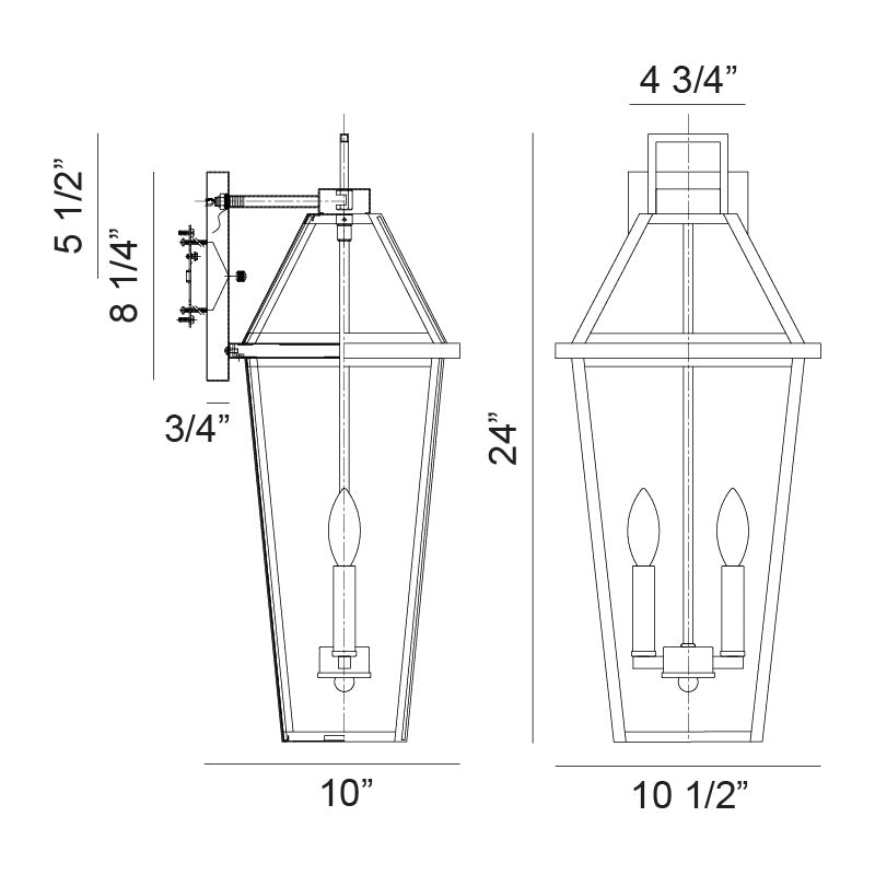 Matteo Lighting Layla 24" 2-Light Outdoor Wall Lantern – line drawing with dimensions