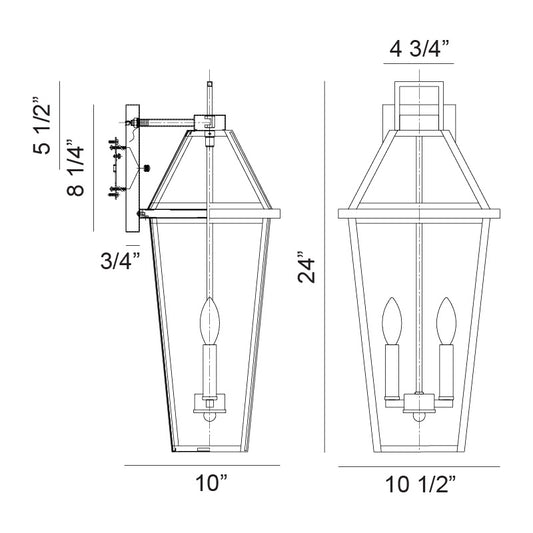 Matteo Lighting Layla 24" 2-Light Outdoor Wall Lantern – line drawing with dimensions