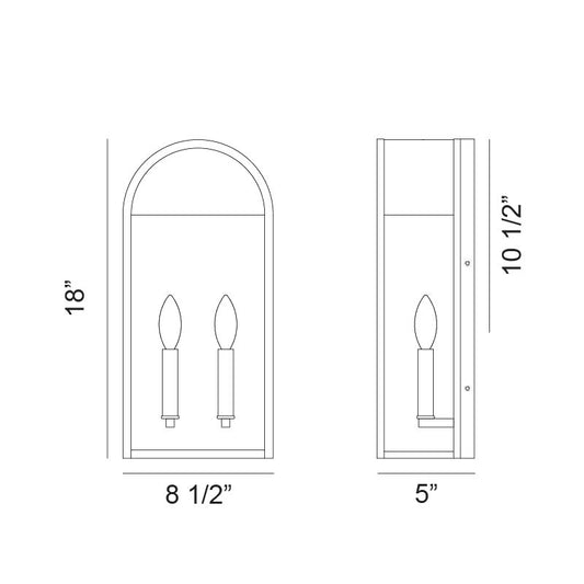 Matteo Lighting Avery 18" 2-Light Outdoor Wall Lantern – line drawing with dimensions