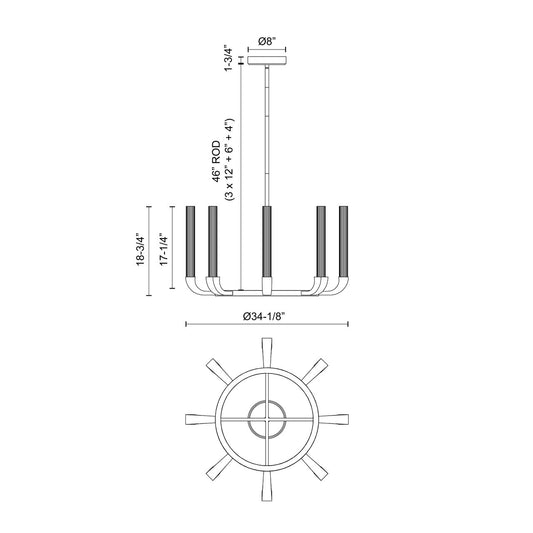 Flute Chandelier, 8-Light, Urban Bronze, Ribbed Glass, 34.13"D CH316708UBCR