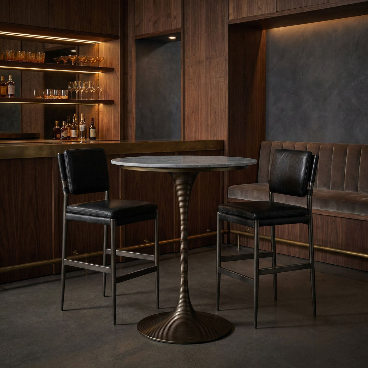 Noir Joni Bar Table Aged Brass styled in an interior setting