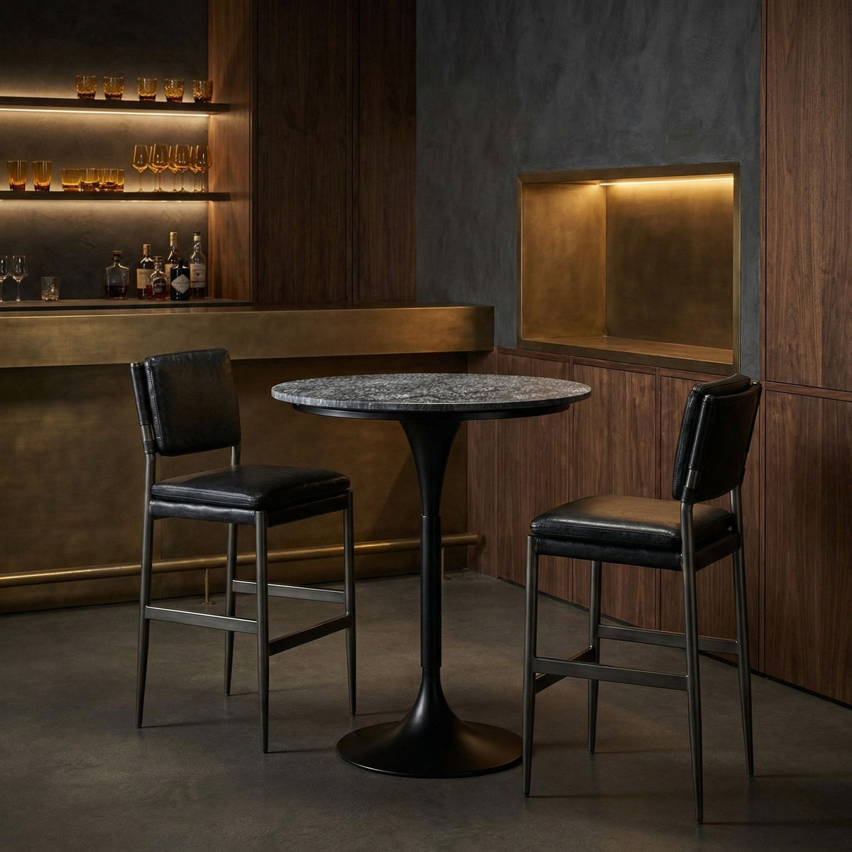 Noir Jman Bar Table Matte Black styled in an interior setting