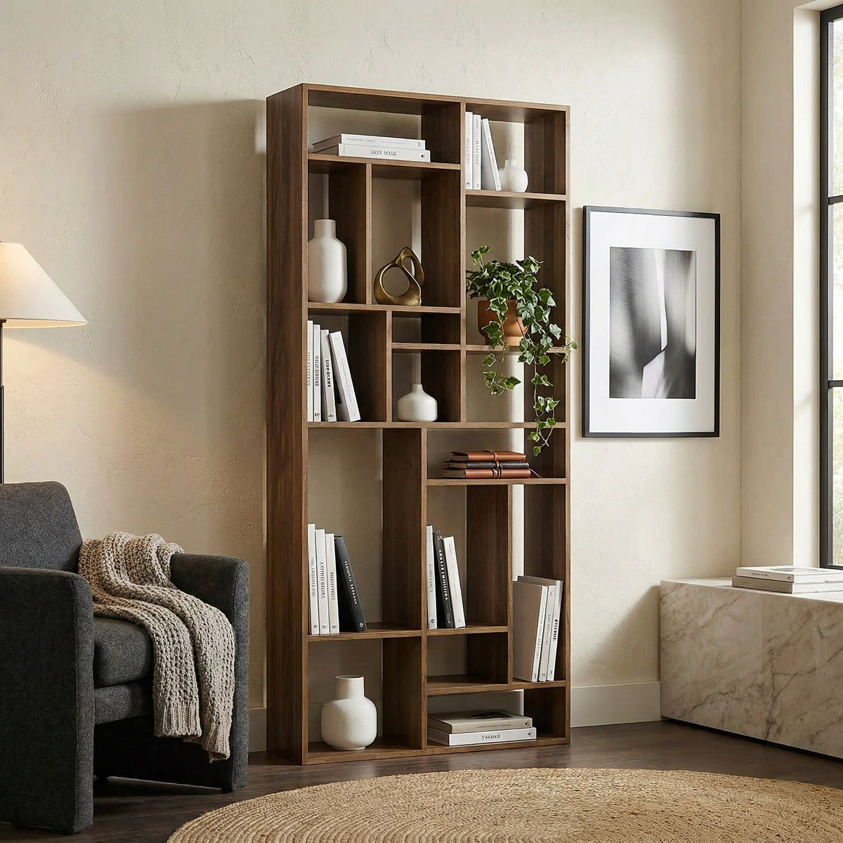 Noir Malic Bookcase Dark Walnut styled in an interior setting