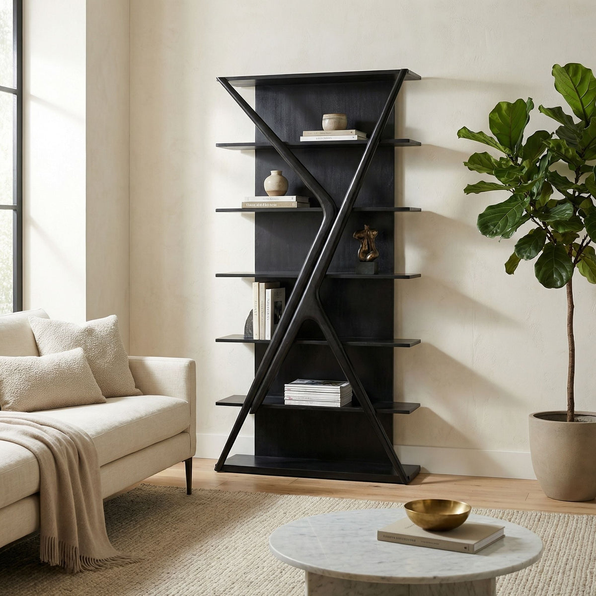 Noir Vetra Bookcase Hand-Rubbed Black styled in an interior setting