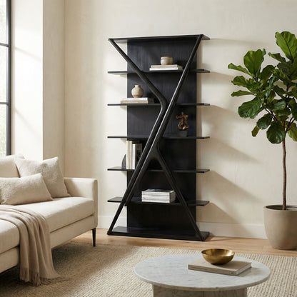 Noir Vetra Bookcase Hand-Rubbed Black styled in an interior setting