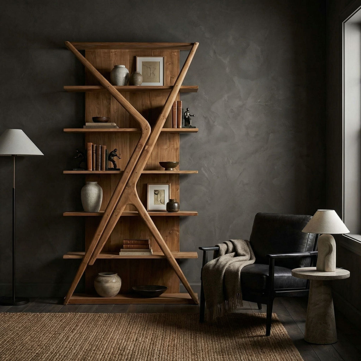 Noir Vetra Bookcase Natural styled in an interior setting