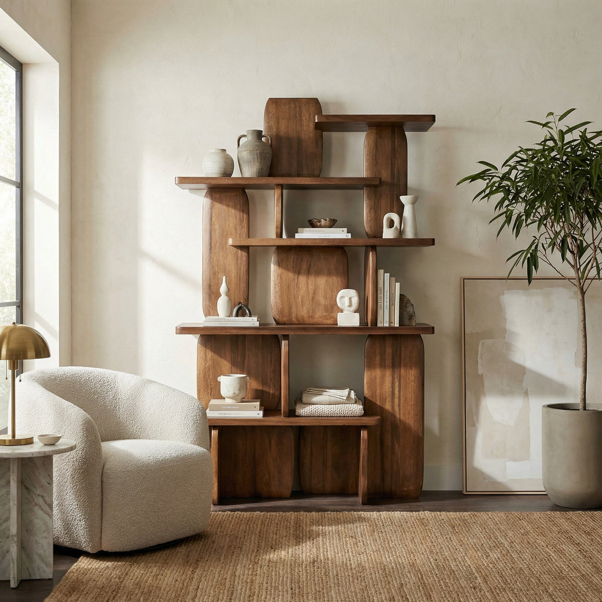 Noir Kilimanjaro Bookcase Dark Walnut styled in an interior setting