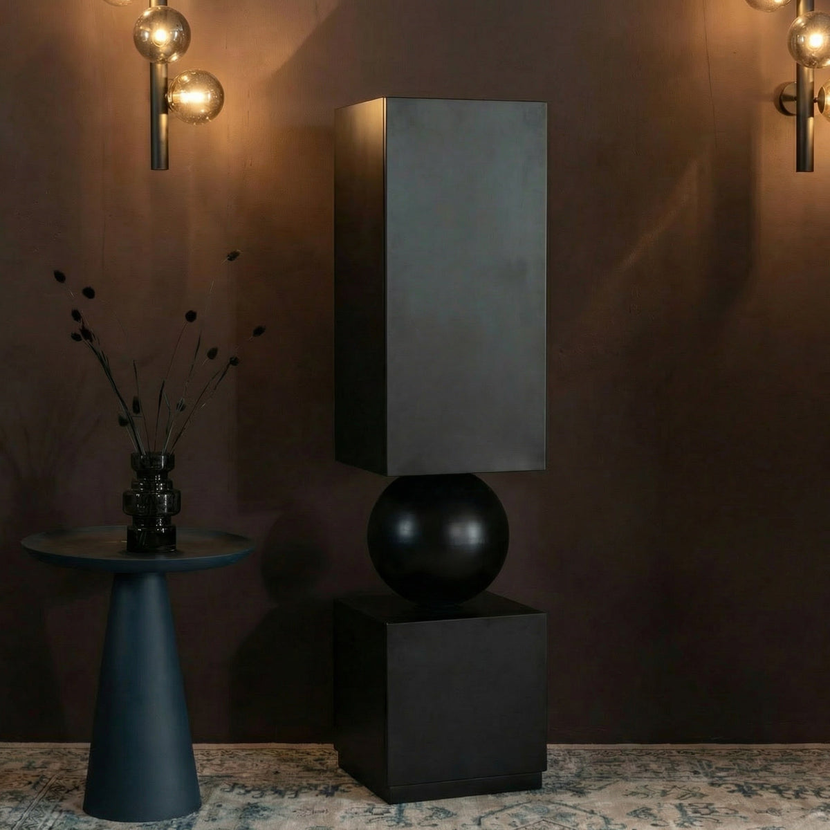 Noir Pillar Cabinet Matte Black shown in a styled room setting