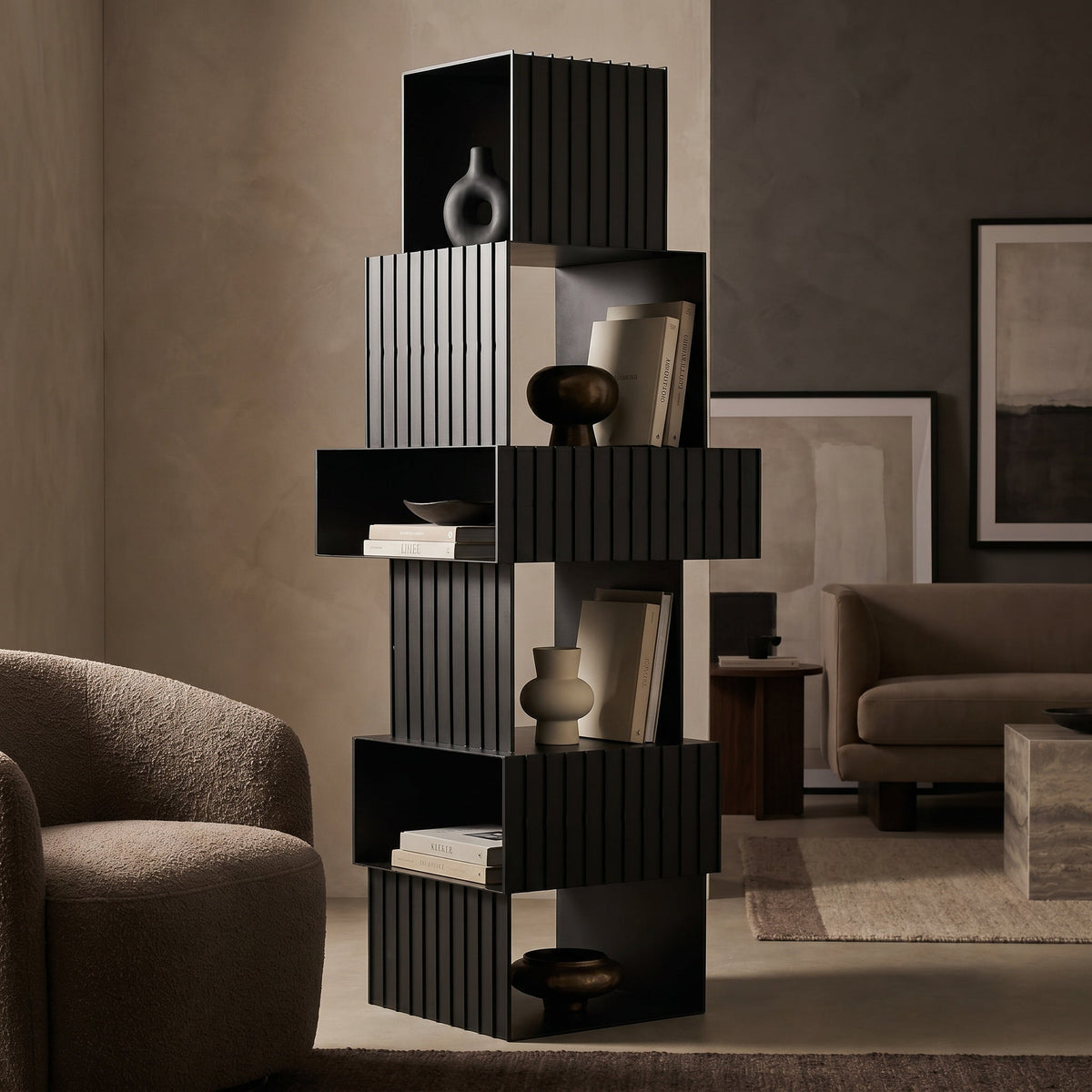 Noir Fujimoto Bookcase Matte Black shown in a styled room setting