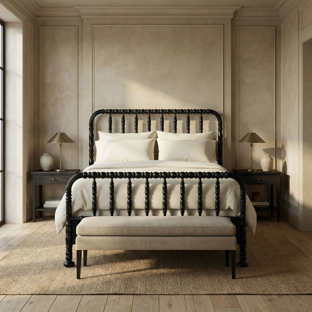 Noir Bachelor Bed Queen Hand Rubbed Black styled in an interior setting