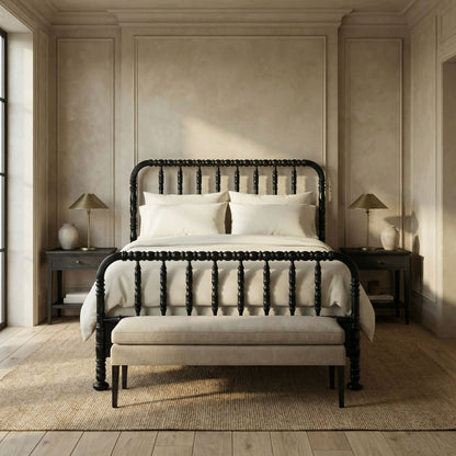 Noir Bachelor Bed Queen Hand Rubbed Black styled in an interior setting