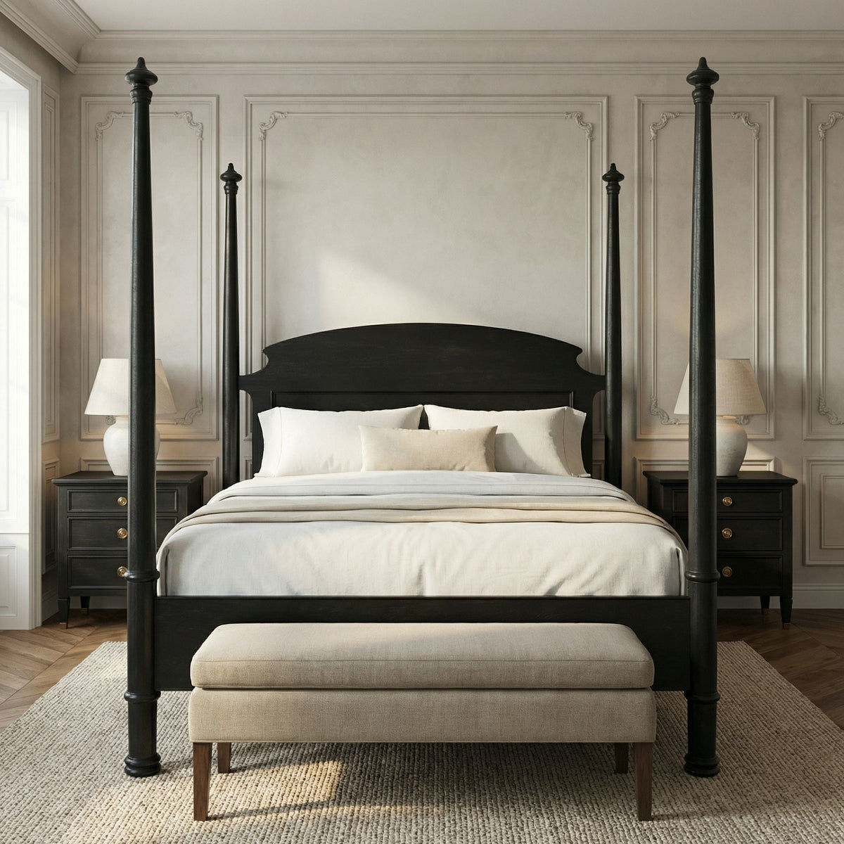 Noir New Douglas Bed, Queen, Hand Rubbed Black styled in an interior setting