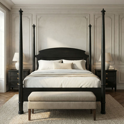 Noir New Douglas Bed, Queen, Hand Rubbed Black styled in an interior setting