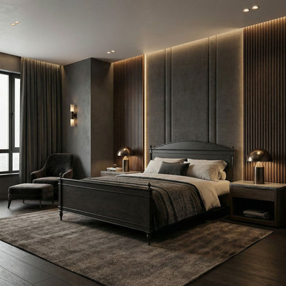 Noir Owen Bed, Queen, Pale styled in an interior setting