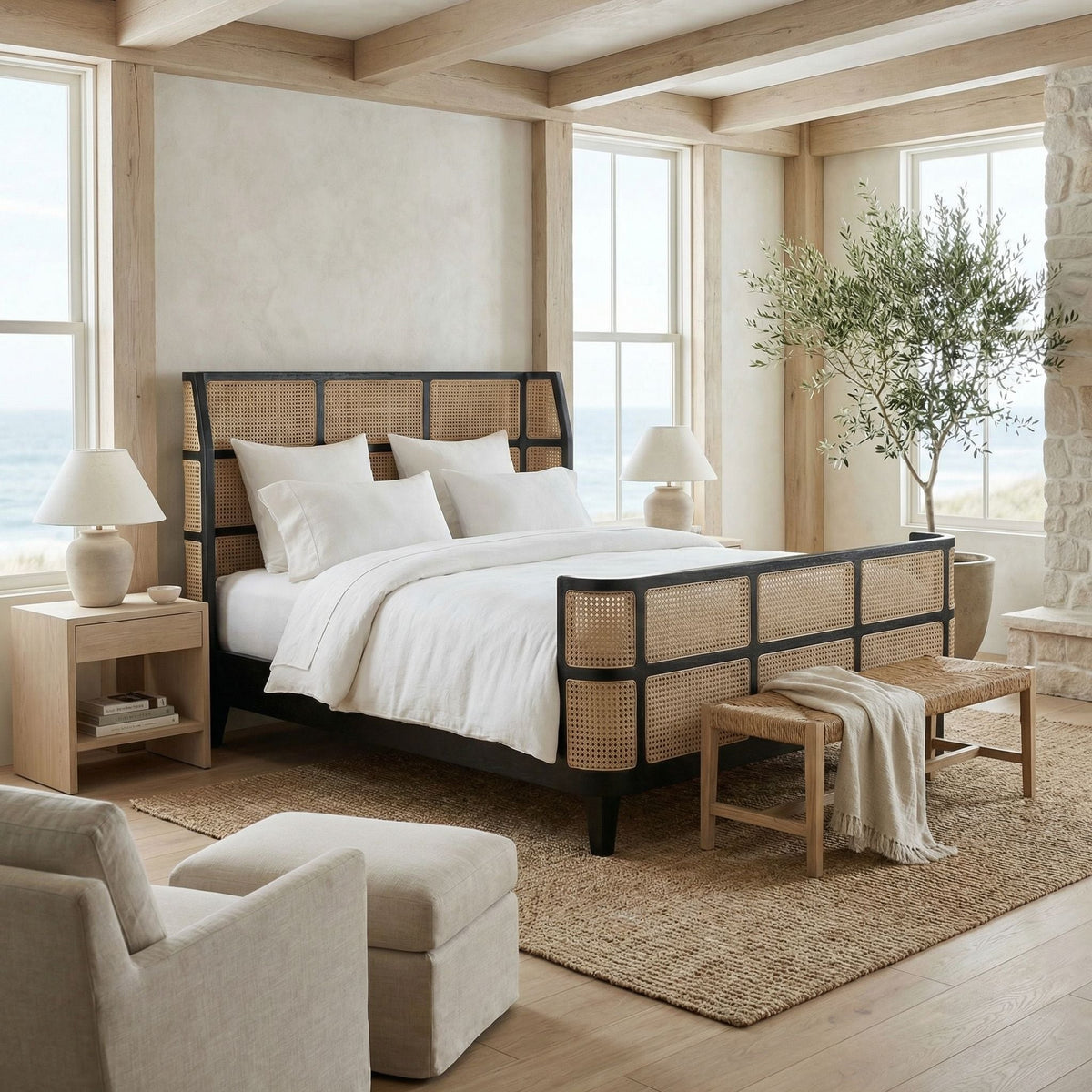 Noir Porto Bed, Queen, Hand Rubbed Black styled in an interior setting