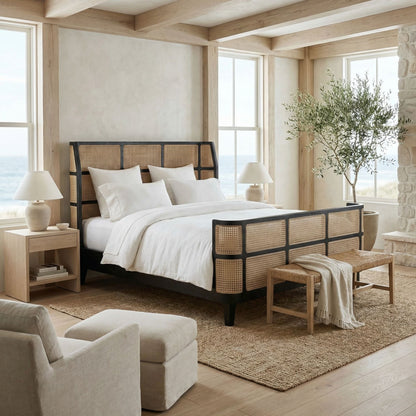 Noir Porto Bed, Queen, Hand Rubbed Black styled in an interior setting