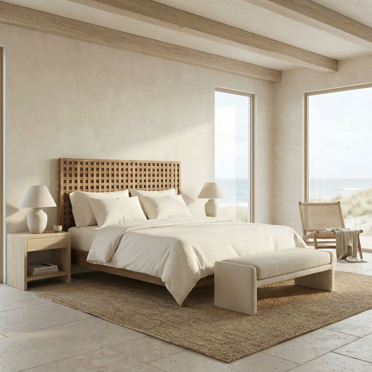 Noir Quinnton Bed, Queen, Clear Coat Satin styled in an interior setting