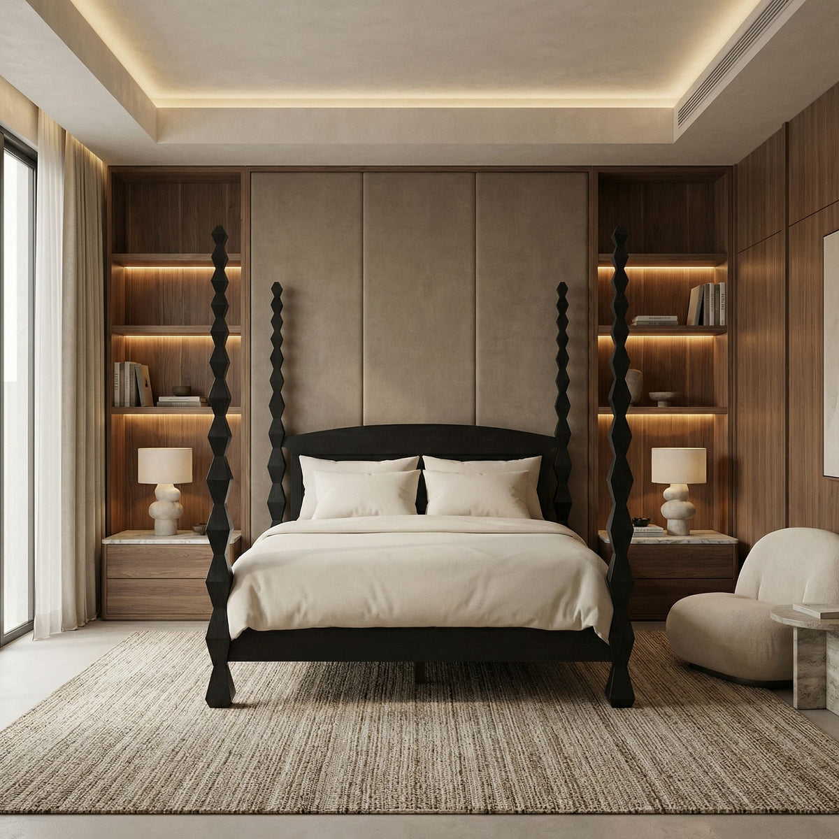 Noir Brancusi Bed Queen Hand Rubbed Black styled in an interior setting