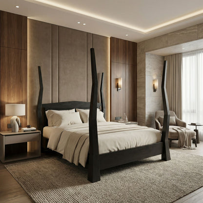Noir Patras Bed, Queen, Hand Rubbed Black styled in an interior setting