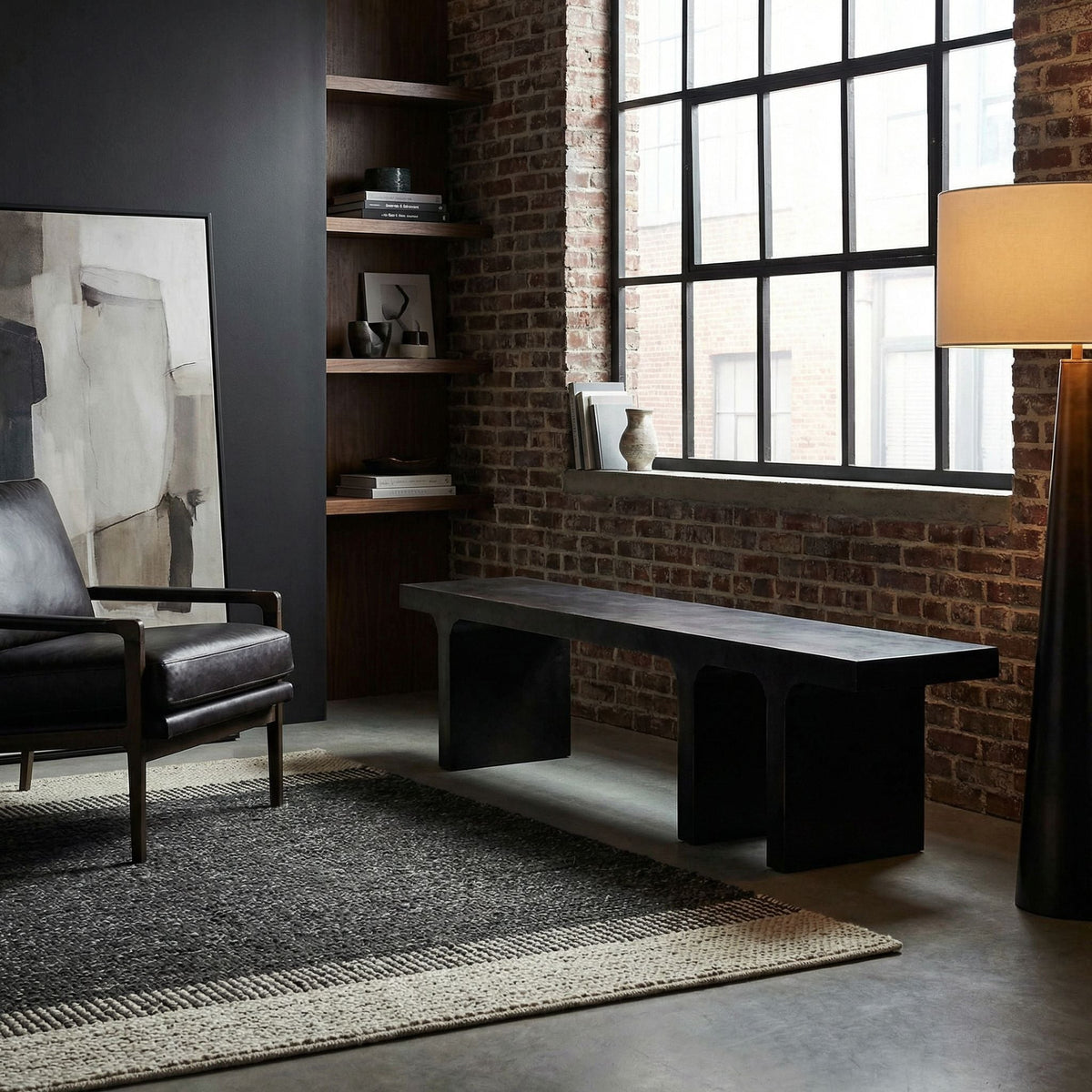 Noir Kir Bench Hand-Rubbed Black styled in an interior setting
