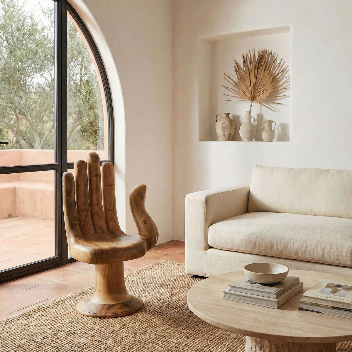 Noir Buddha Accent Chair Natural styled in an interior setting
