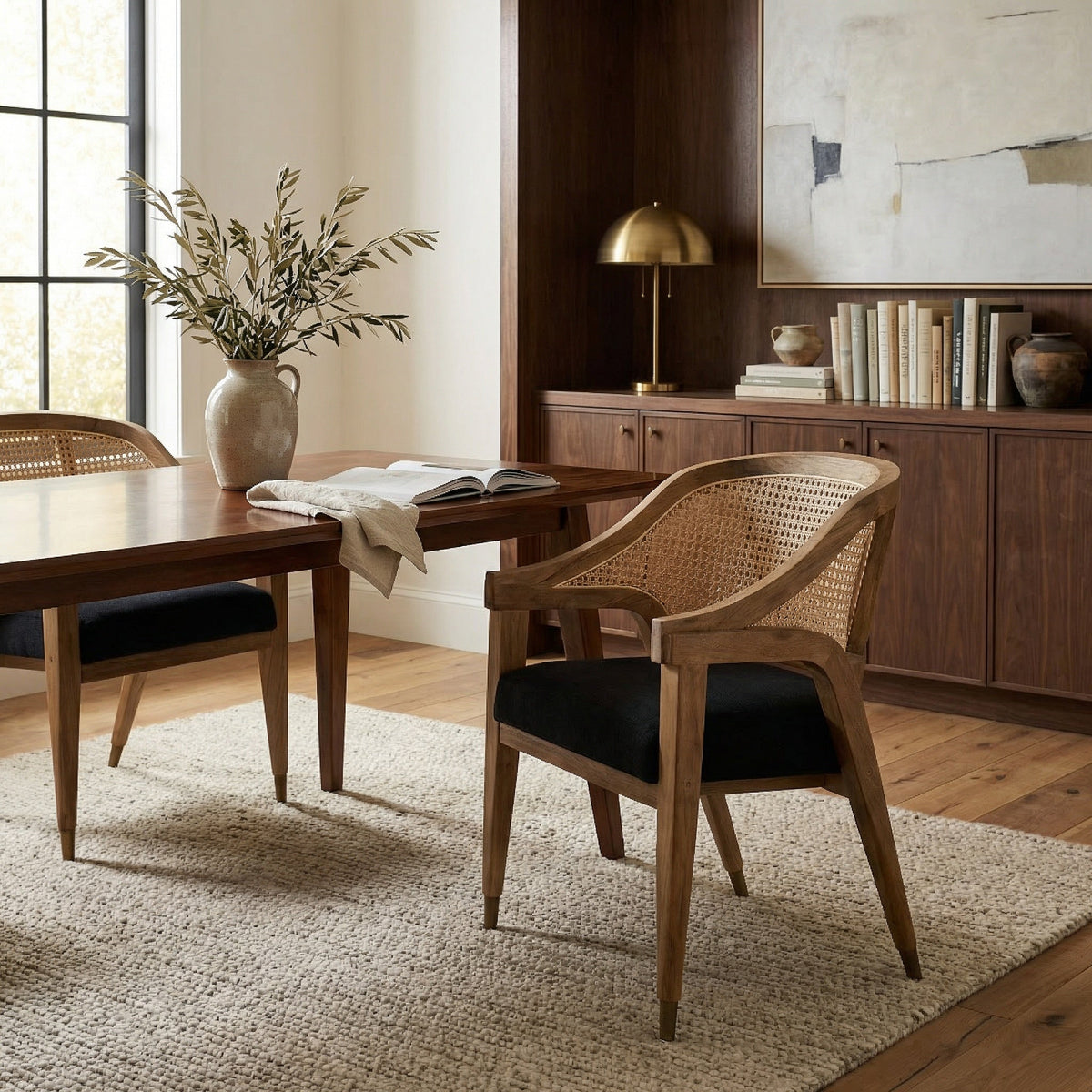 Noir Chloe Dining Chair Natural, Black styled in an interior setting