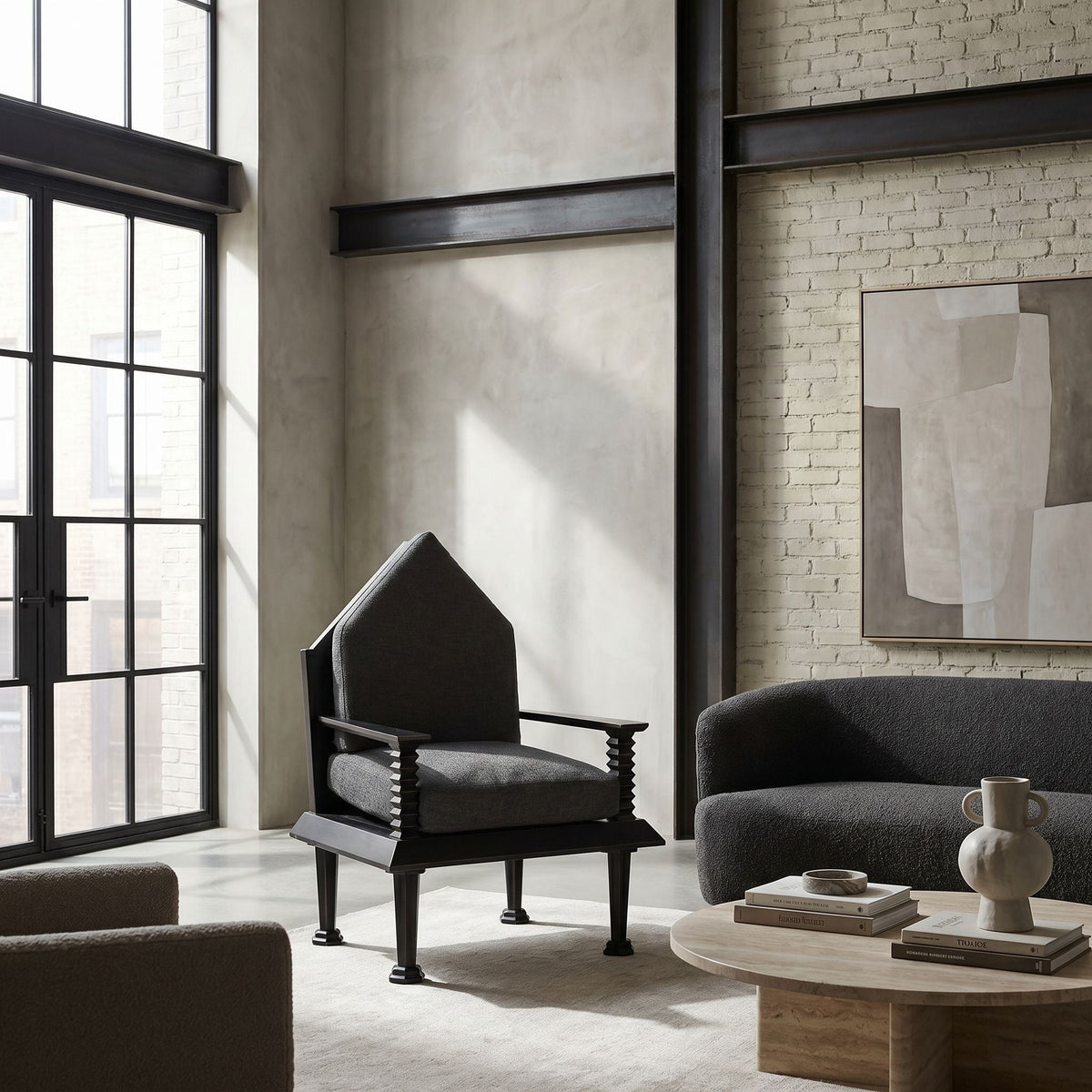 Noir Resurrection Accent Chair Hand-Rubbed Black, Gray styled in an interior setting