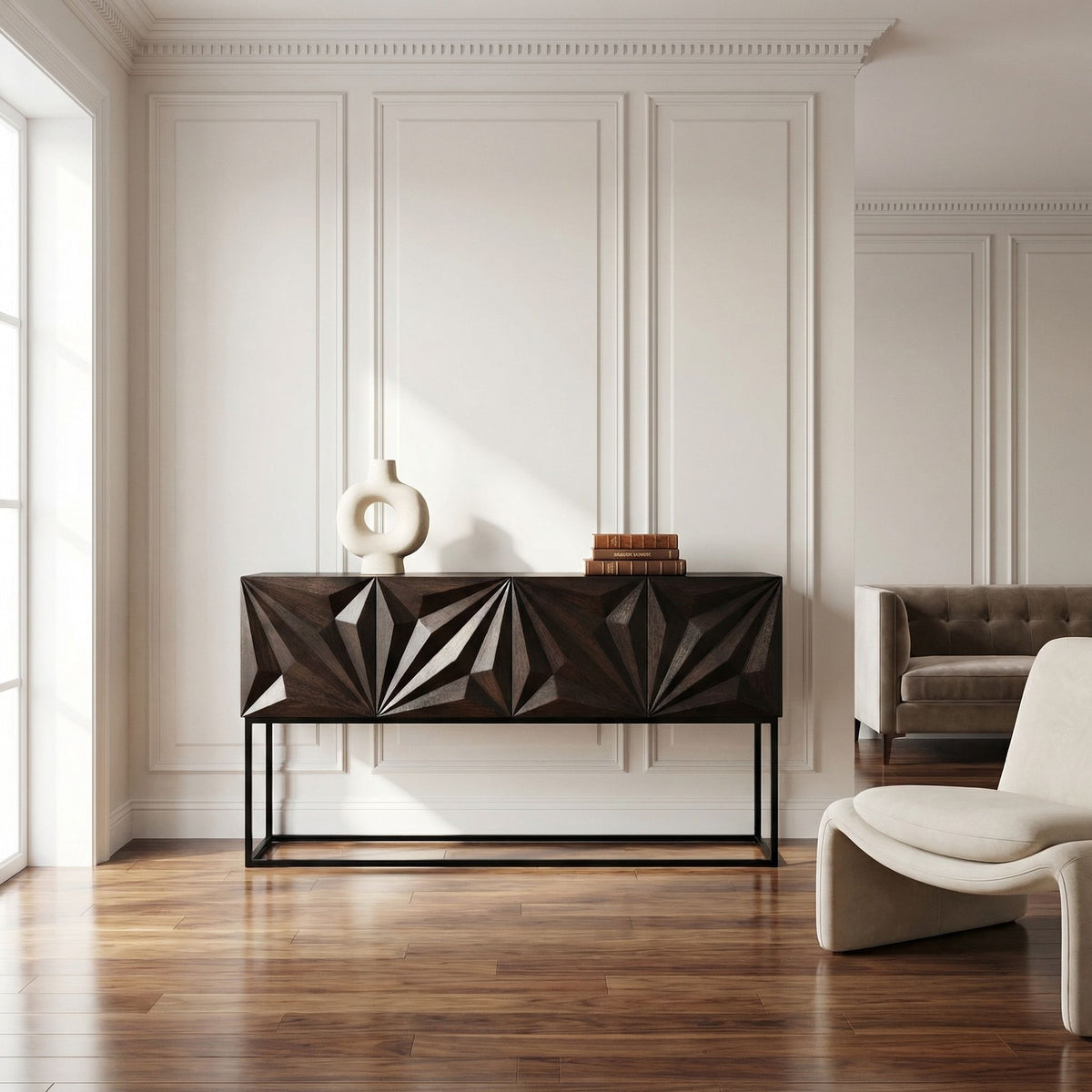 Noir Zurich Console Ebony Walnut shown in a styled room setting