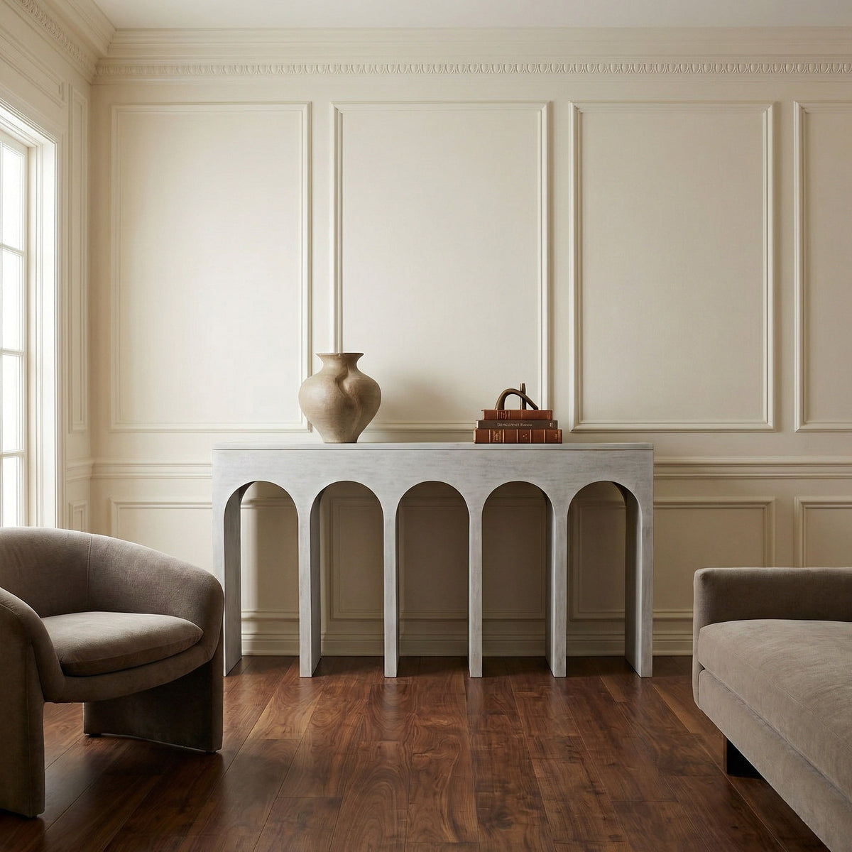 Noir Bridge Console White Wash in a styled interior vignette