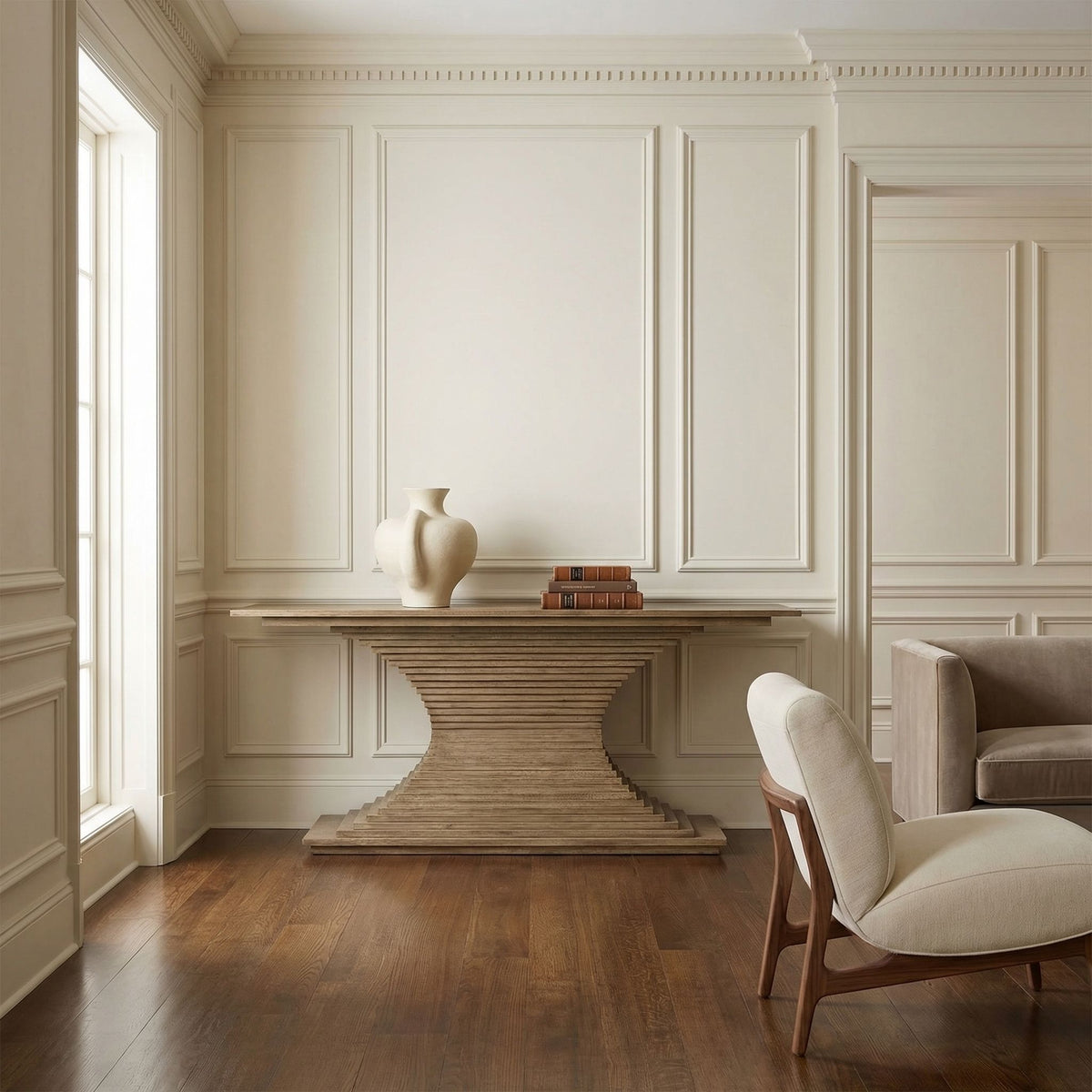Noir Cambio Console Bleached Walnut styled in an interior setting
