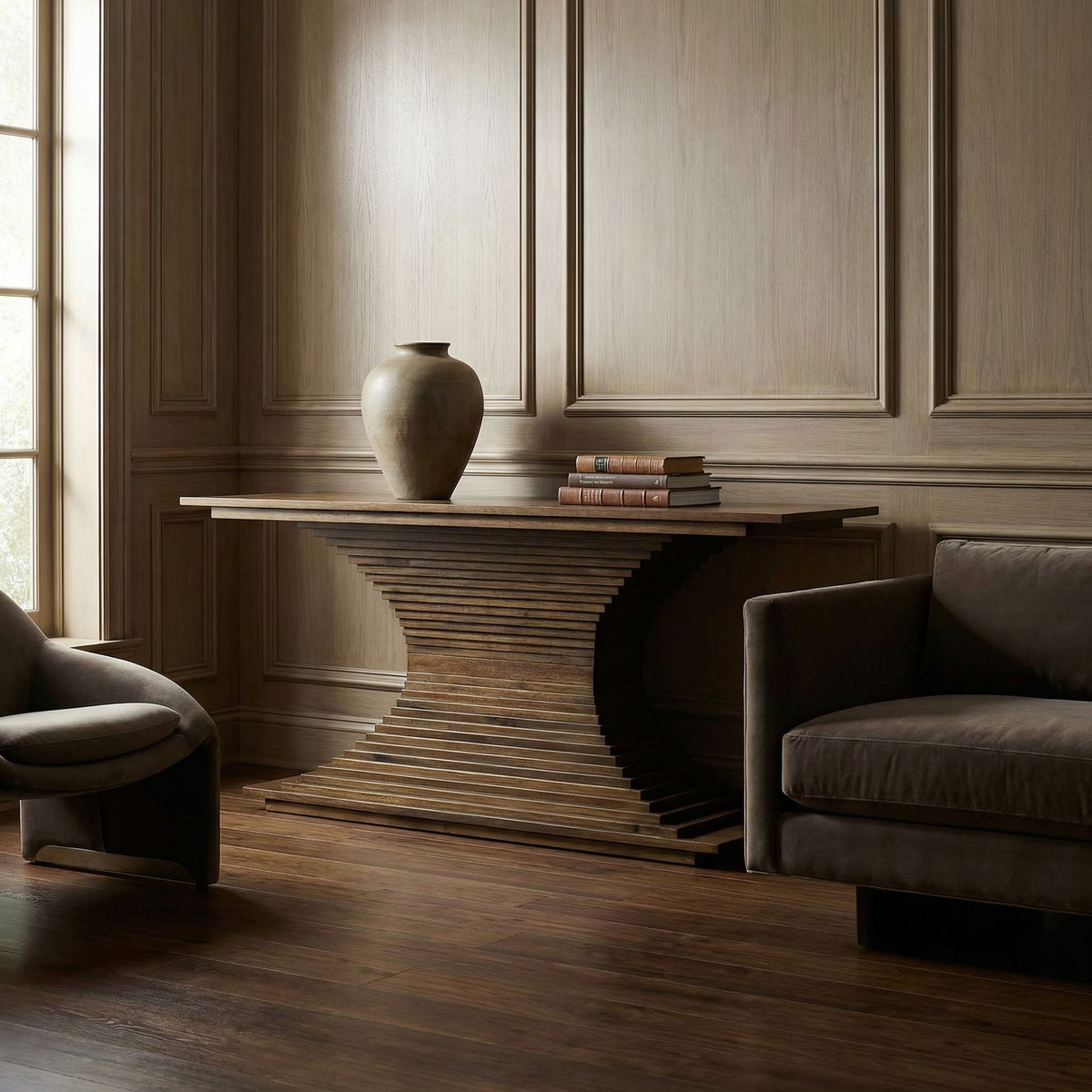 Noir Cambio Console Dark Walnut styled in an interior setting