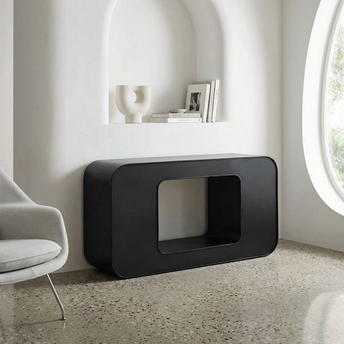 Noir Shylock Console Matte Black styled in an interior setting