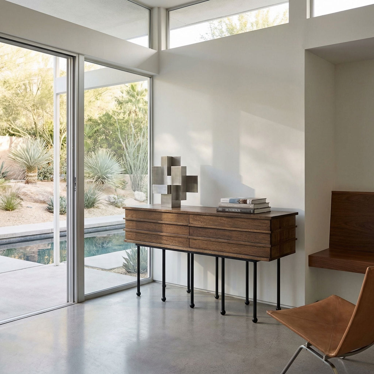 Noir Oliver Console Dark Walnut styled in an interior setting