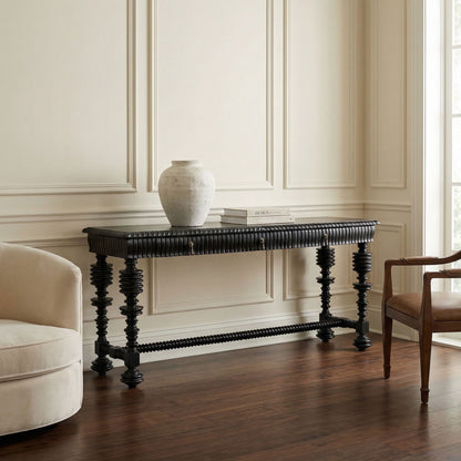 Noir Portuguese Console Hand Rubbed Black styled in an interior setting